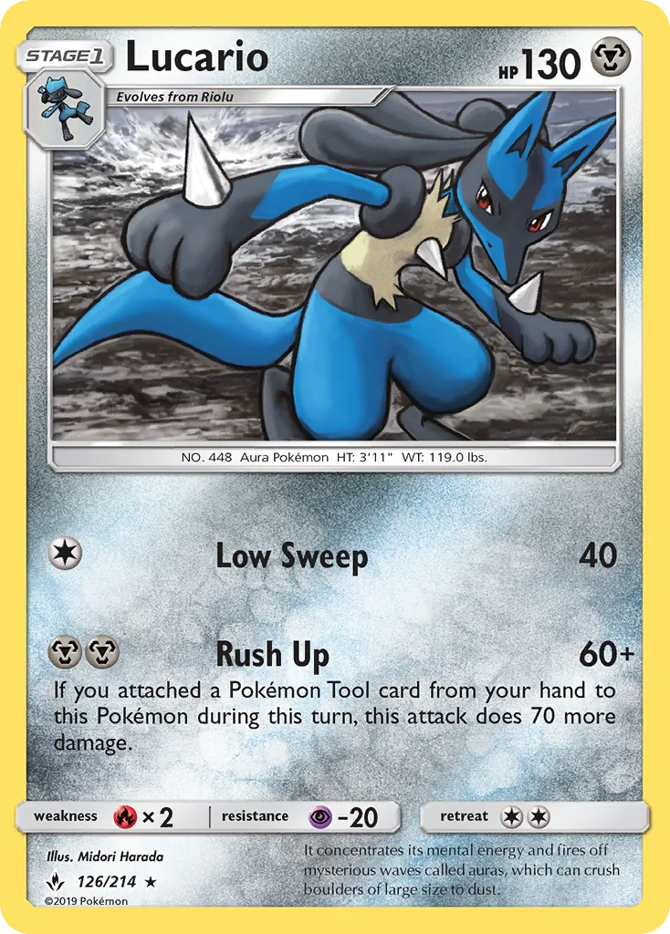 2019 Unbroken Bonds Lucario #126/214 Rare Holo card image