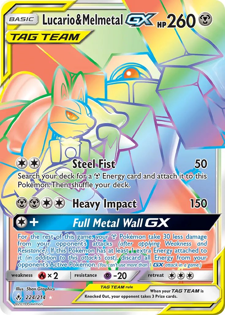 2019 Unbroken Bonds Lucario & Melmetal-GX #224/214 Rare Rainbow card image