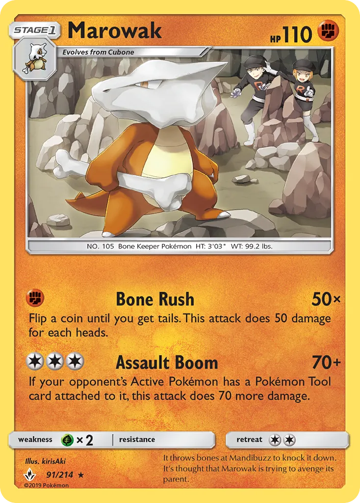 2019 Unbroken Bonds Marowak #091/214 Rare card image