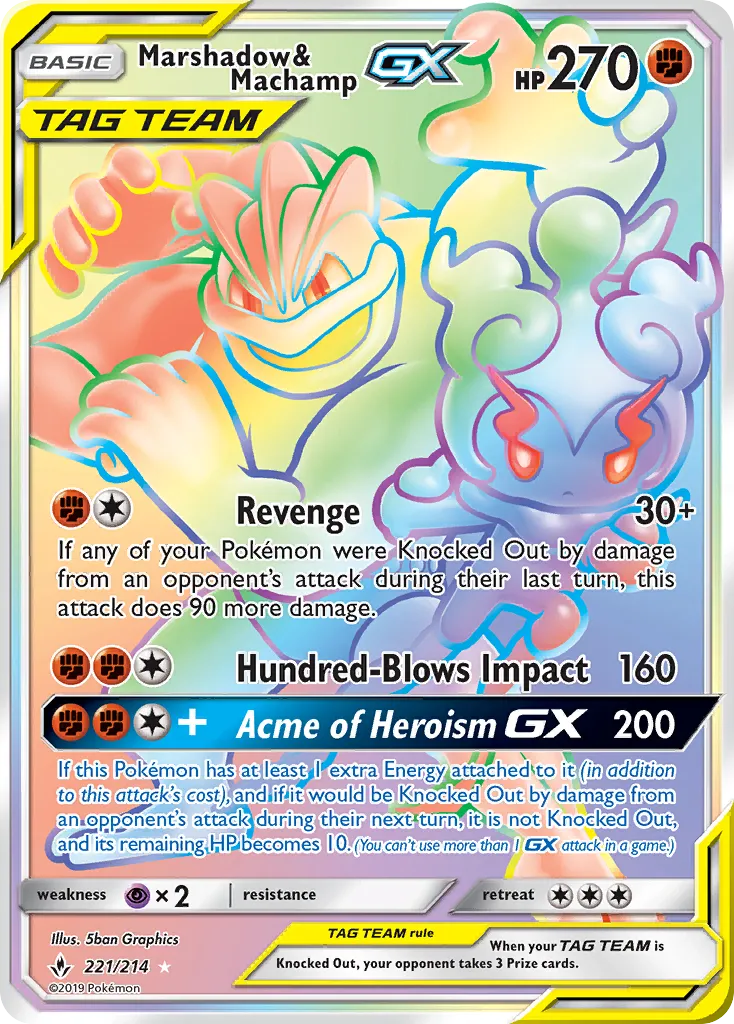 2019 Unbroken Bonds Marshadow & Machamp-GX #221/214 Rare Rainbow card image