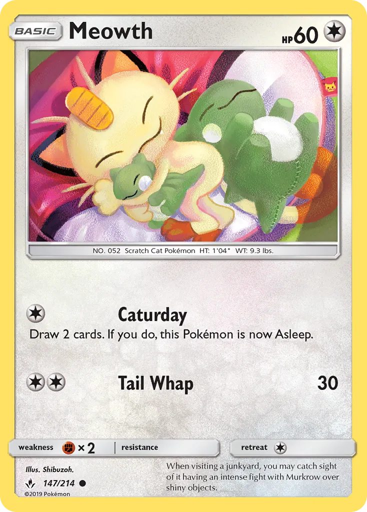 2019 Unbroken Bonds Meowth Common #147/214 Common card image