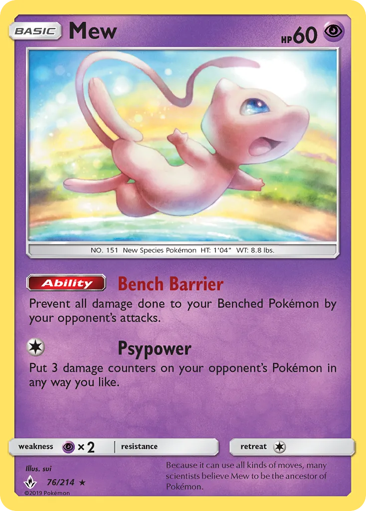 2019 Unbroken Bonds Mew #076/214 Rare Holo card image