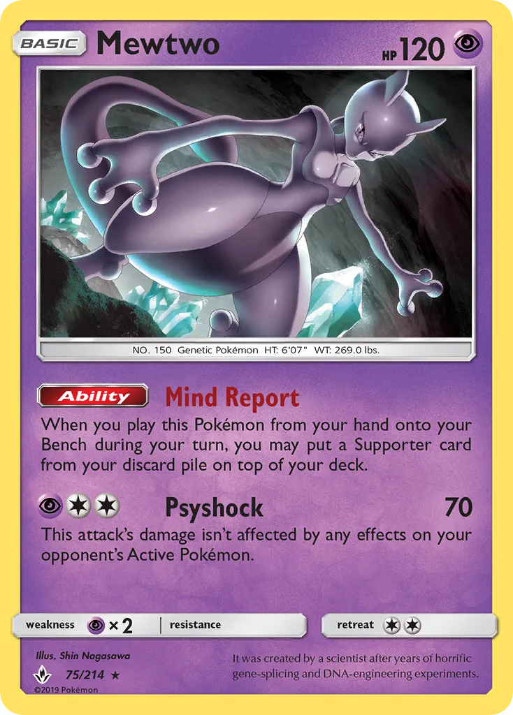 2019 Unbroken Bonds Mewtwo #075/214 Rare card image