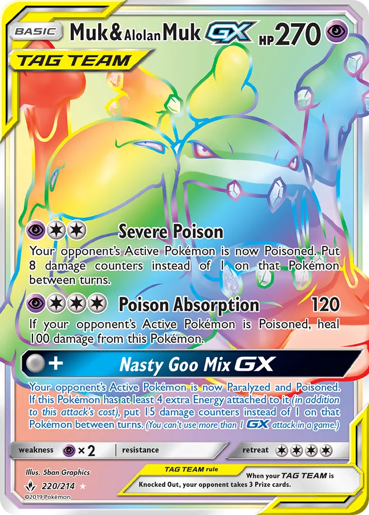 2019 Unbroken Bonds Muk & Alolan Muk-GX #220/214 Rare Rainbow card image