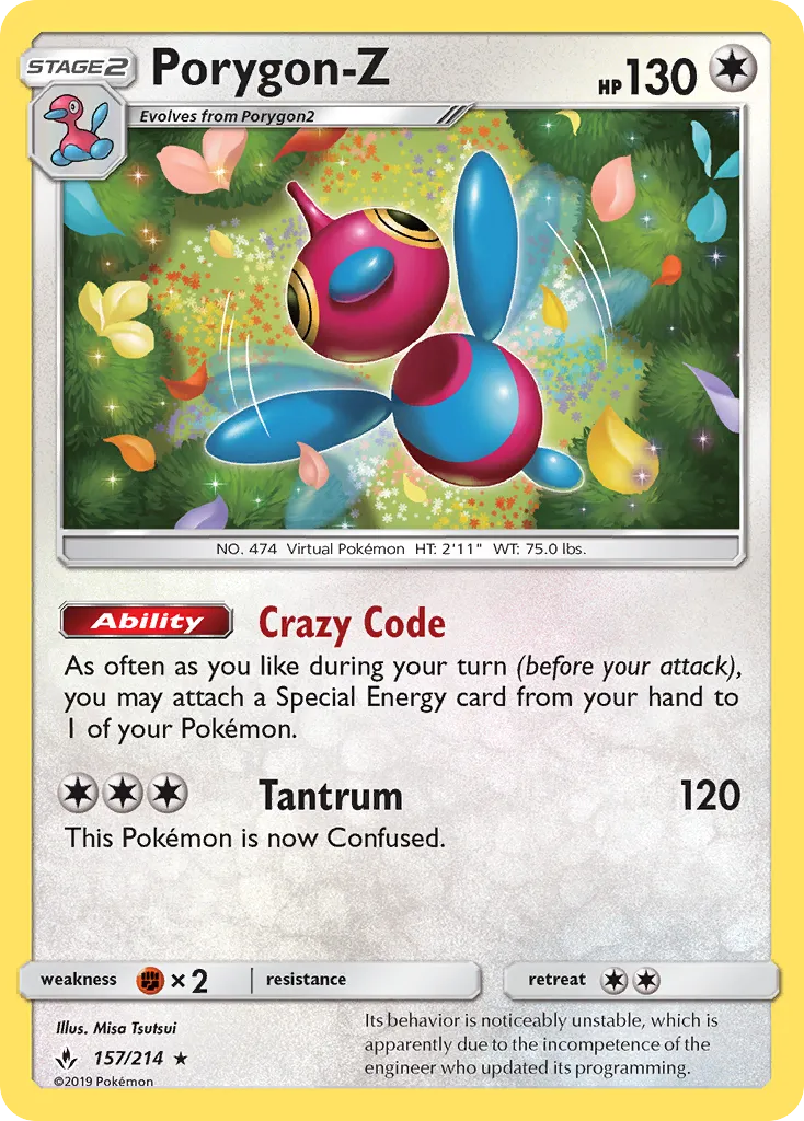 2019 Unbroken Bonds Porygon-Z #157/214 Rare Holo card image