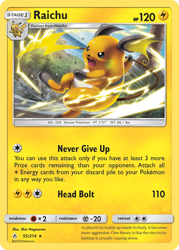2019 Unbroken Bonds Raichu #055/214 Rare card image