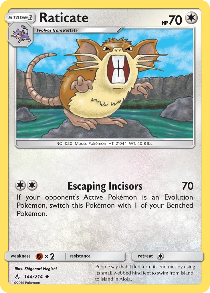 2019 Unbroken Bonds Raticate Uncommon #144/214 Uncommon card image