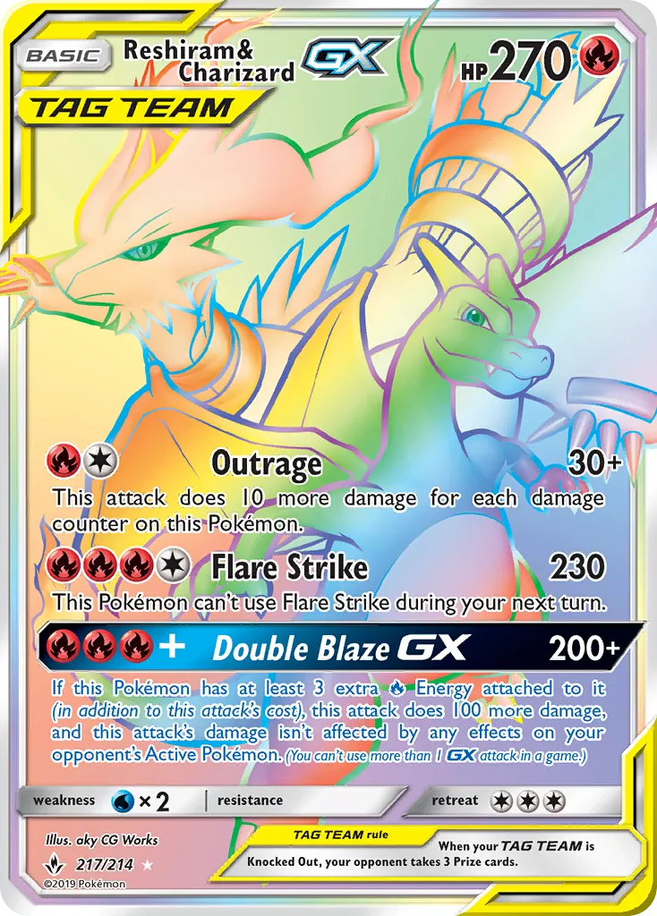 2019 Unbroken Bonds Reshiram & Charizard-GX #217/214 Rare Rainbow card image