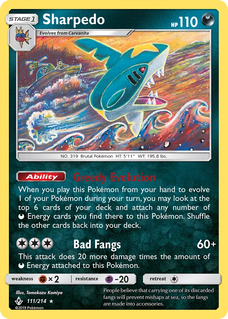 2019 Unbroken Bonds Sharpedo Rare #111/214 Rare card image