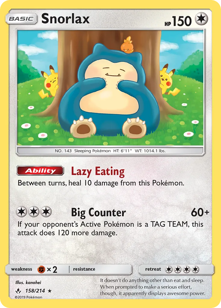 2019 Unbroken Bonds Snorlax #158/214 Rare Holo card image