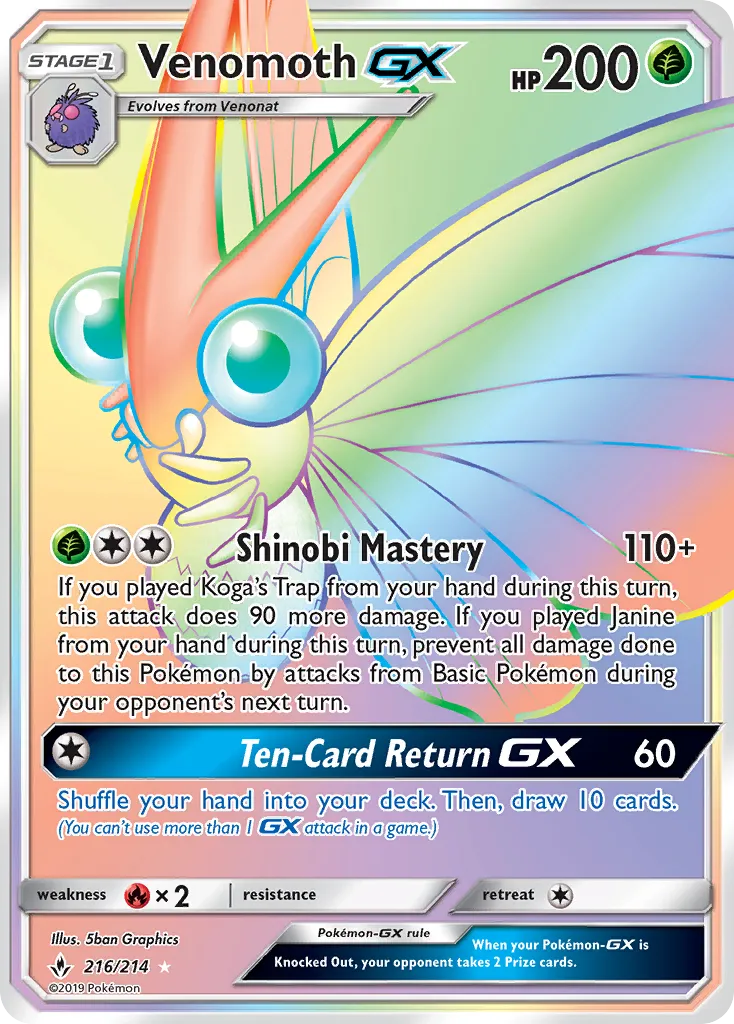2019 Unbroken Bonds Venomoth-GX #216/214 Rare Rainbow card image