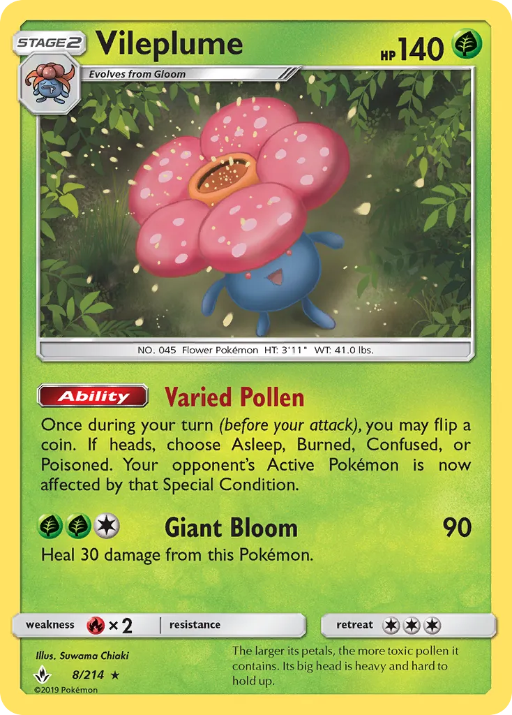2019 Unbroken Bonds Vileplume Rare Holo #008/214 Rare Holo card image