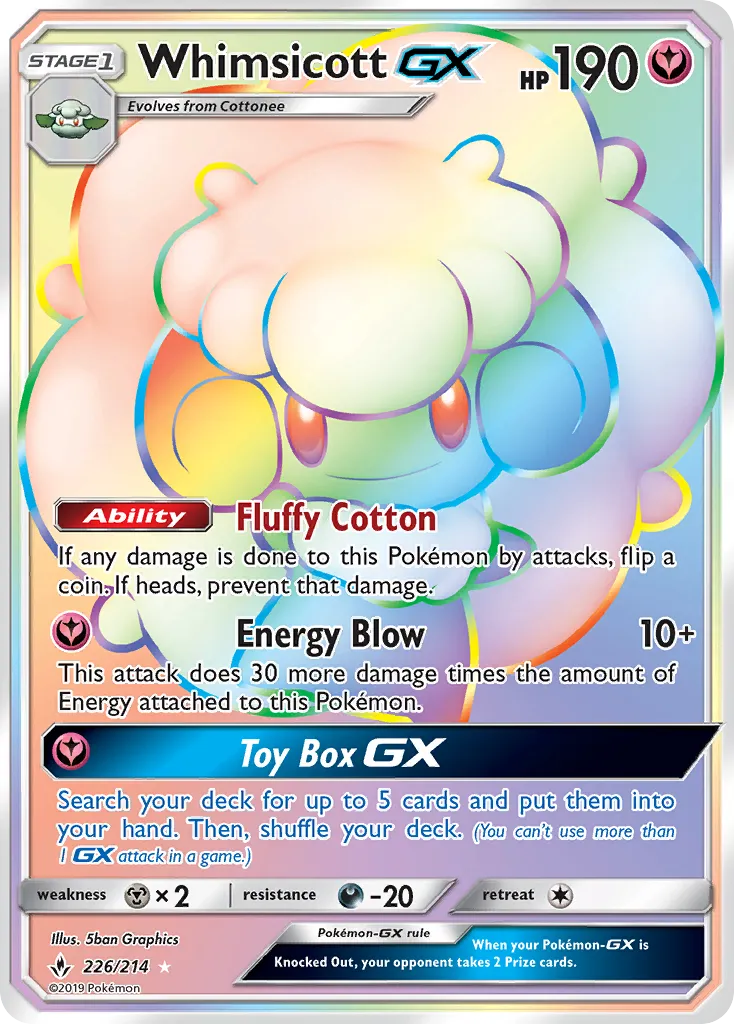 2019 Unbroken Bonds Whimsicott-GX #140/214 Rare Holo GX card image