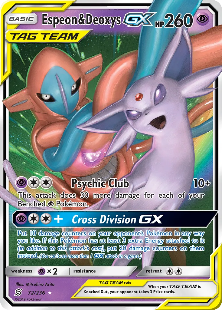 2019 Unified Minds Espeon & Deoxys-GX #072/236 Rare Holo GX card image