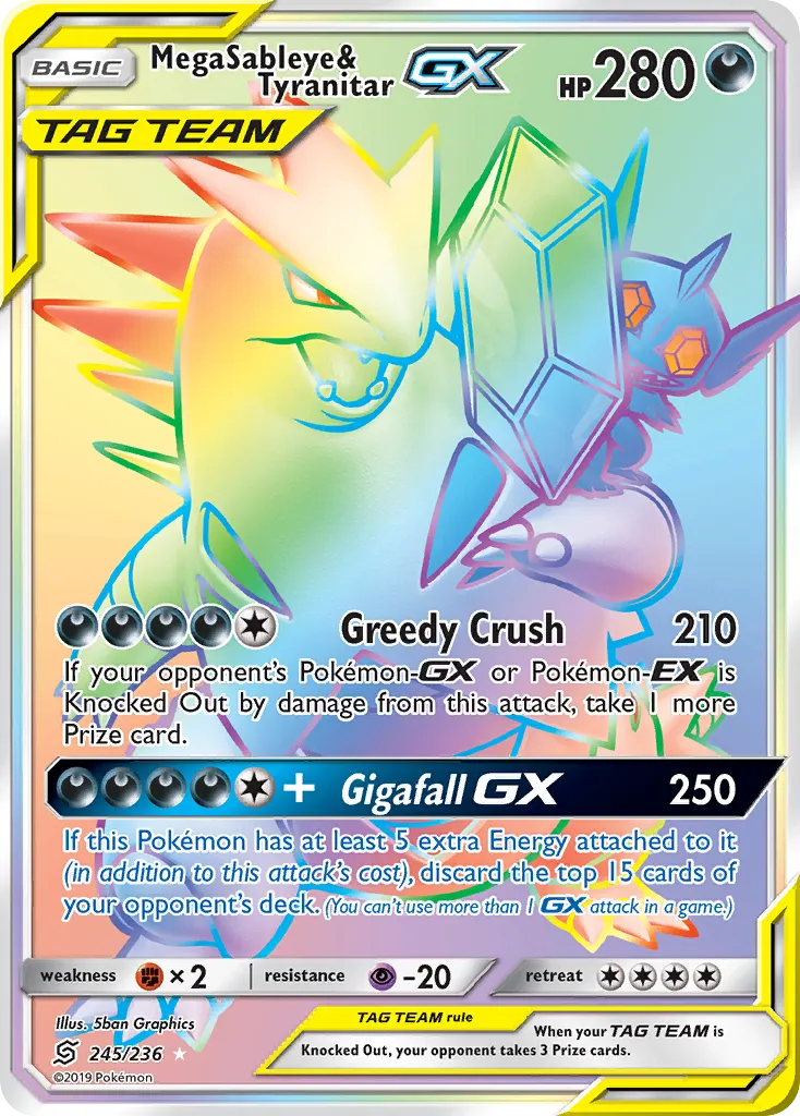 2019 Unified Minds Mega Sableye & Tyranitar-GX #245/236 Rare Rainbow card image