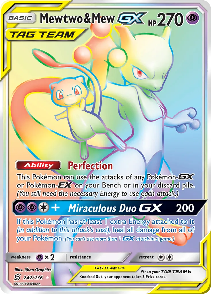 2019 Unified Minds Mewtwo & Mew-GX #222/236 Rare Ultra card image