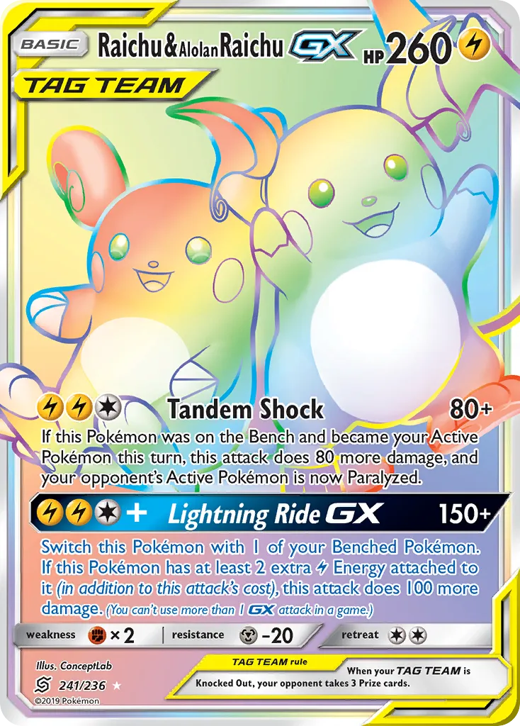 2019 Unified Minds Raichu & Alolan Raichu-GX #054/236 Rare Holo GX card image
