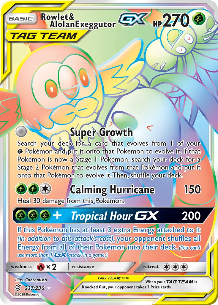 2019 Unified Minds Rowlet & Alolan Exeggutor-GX #215/236 Rare Ultra card image