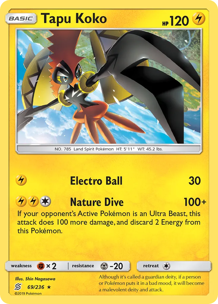 2019 Unified Minds Tapu Koko #069/236 Rare Holo card image