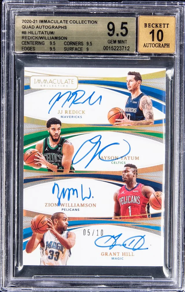 2020-21 Immaculate J.J. Redick/Jayson Tatum/Zion Williamson/Grant Hill Multi-Signed Collection Quad Autographs #QA-JJZG card image
