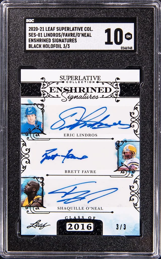 2020-21 Leaf Eric Lindros/Brett Favre/Shaquille O'Neal Multi-Signed Superlative Collection Enshrined Signatures #SES-01 card image