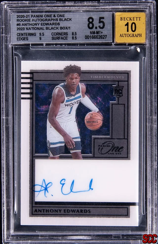 2020-21 Panini Anthony Edwards One & One Autographs Black 2023 National Black Box #5 card image