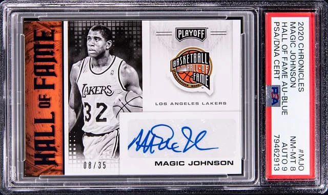 2020-21 Panini Chronicles Magic Johnson Hall of Fame Autograph Blue #HOF-MJO card image
