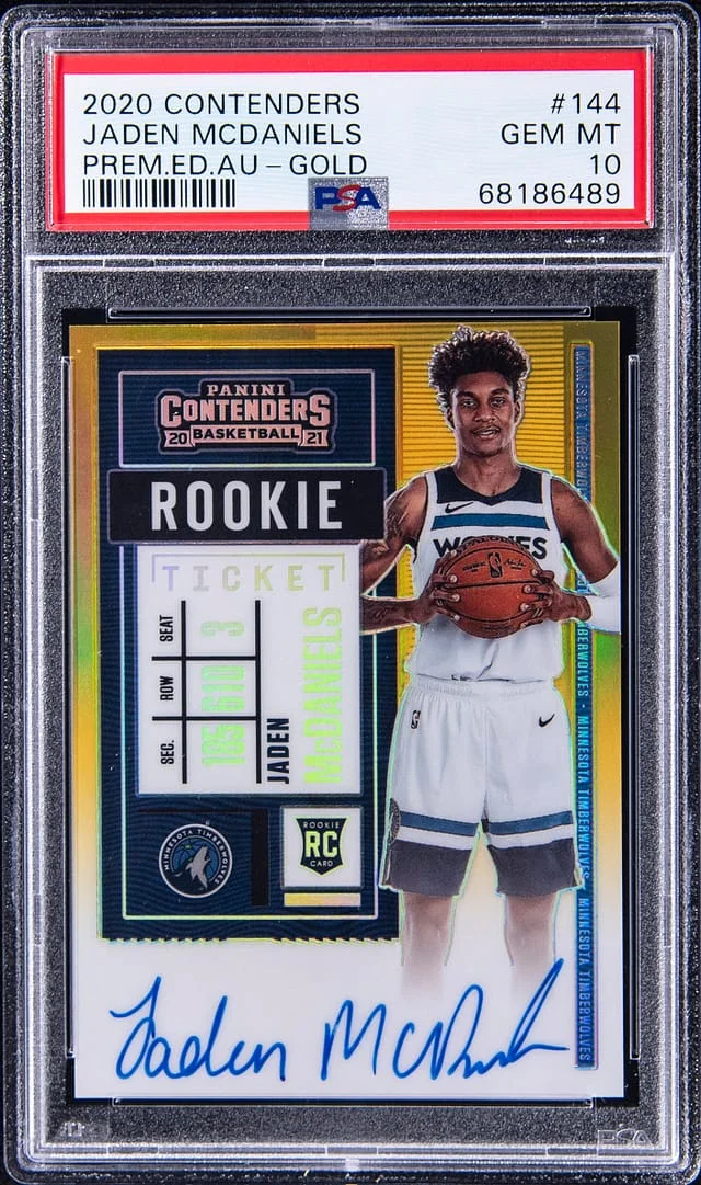 2020-21 Panini Contenders Jaden McDaniels Premium Edition Ticket Autograph Gold Prizm #144 card image
