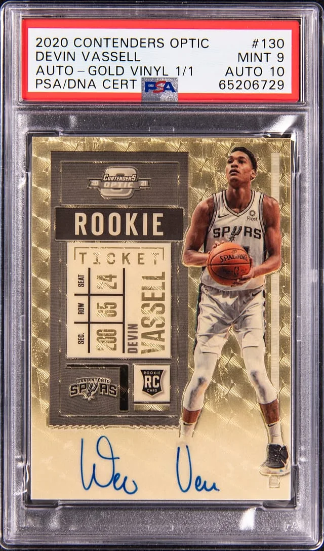 2020-21 Panini Contenders Optic Devin Vassell Ticket Autograph Variation Gold Vinyl #130 card image