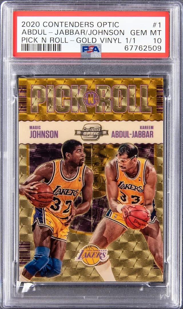 2020-21 Panini Contenders Optic Kareem Abdul-Jabbar, Magic Johnson Pick n Roll Gold Vinyl #1 card image