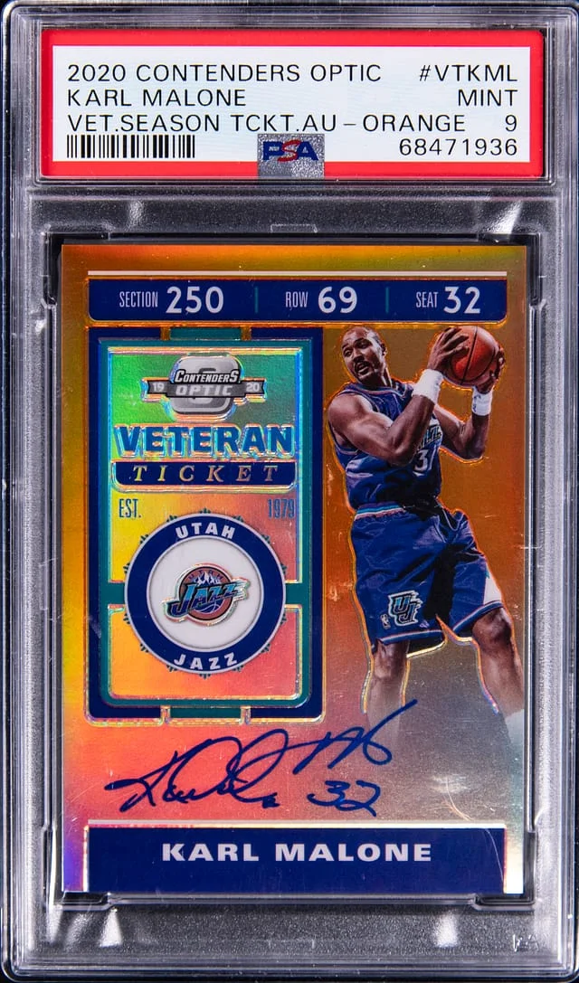 2020-21 Panini Contenders Optic Karl Malone Veteran Season Ticket Autograph Orange #VT-KML card image