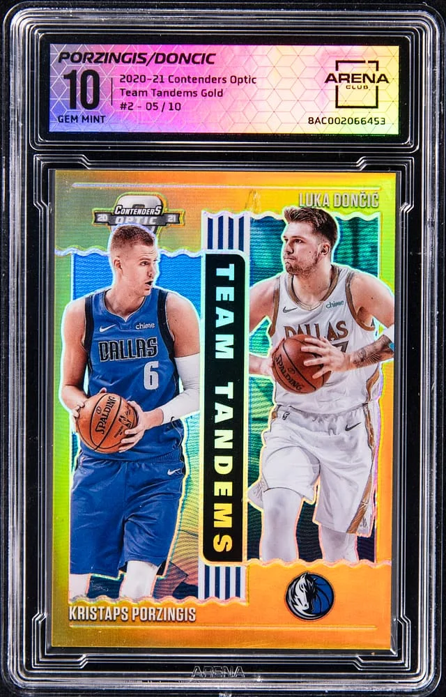 2020-21 Panini Contenders Optic Kristaps Porzingis/Luka Doncic - AC Team Tandems Gold #2 card image