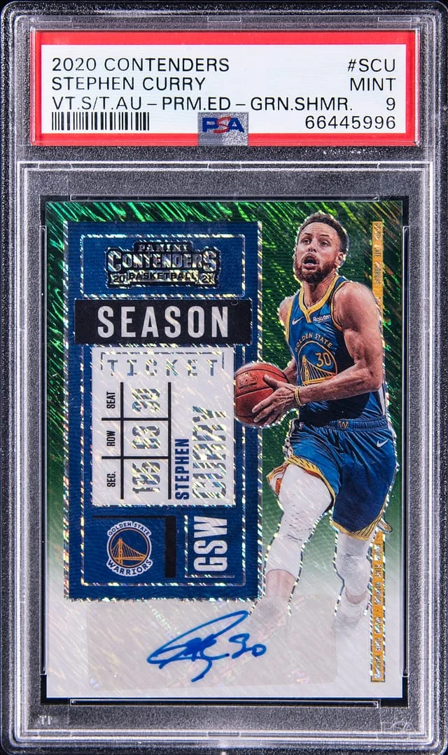 2020-21 Panini Contenders Stephen Curry Veteran Season Ticket Autographs Premium Edition Green Shimmer #VS-SCU card image