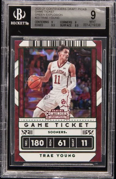 2020-21 Panini Contenders Trae Young Game Ticket Green Explosion #23 card image