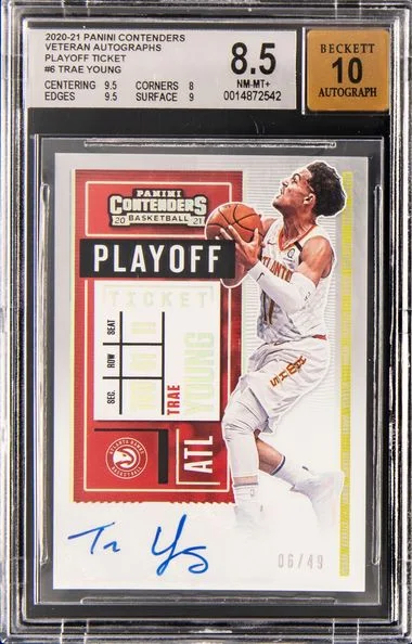 2020-21 Panini Contenders Trae Young Veteran Autographs Playoff Ticket #6 card image