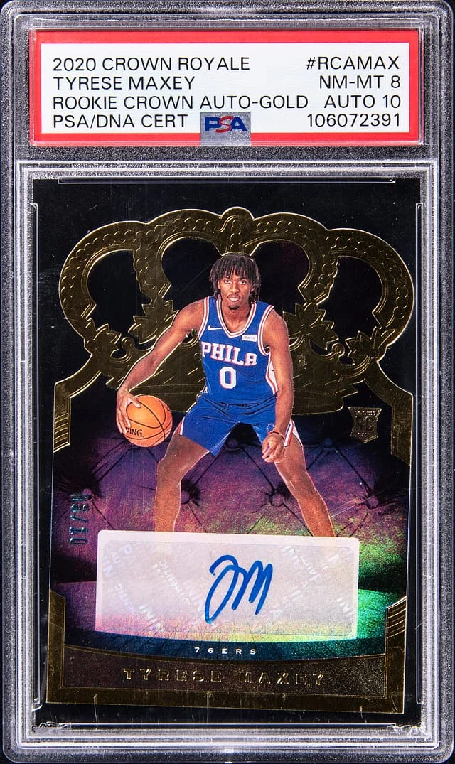 2020-21 Panini Crown Royale Tyrese Maxey Crown Autograph Gold #RCA-MAX card image