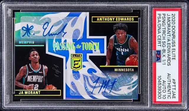 2020-21 Panini Donruss Anthony Edwards/Ja Morant Elite Passing The Torch Signatures Black #PTT-JAE card image
