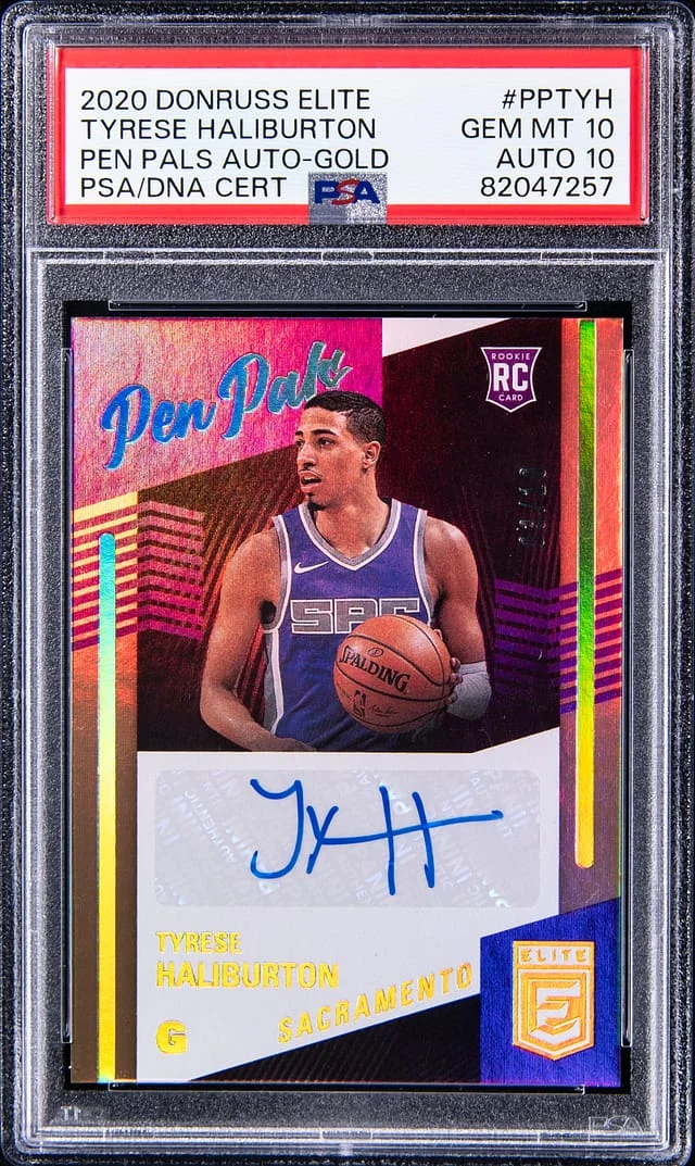 2020-21 Panini Donruss Tyrese Haliburton Elite Pen Pals Autograph Gold #PP-TYH card image