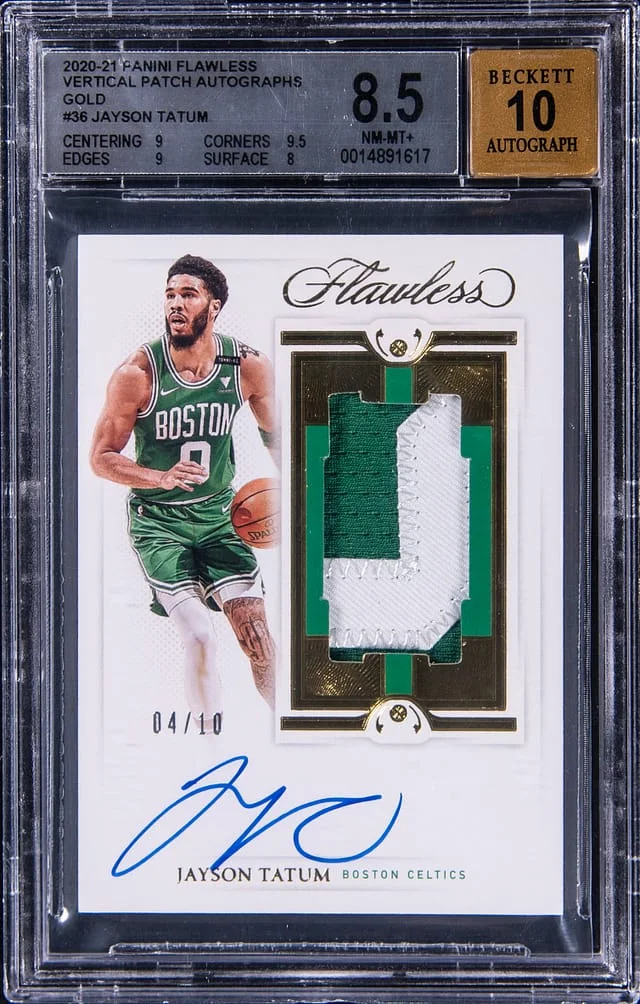 2020-21 Panini Flawless Jayson Tatum Vertical Patch Autographs Gold #VPA-JAY card image