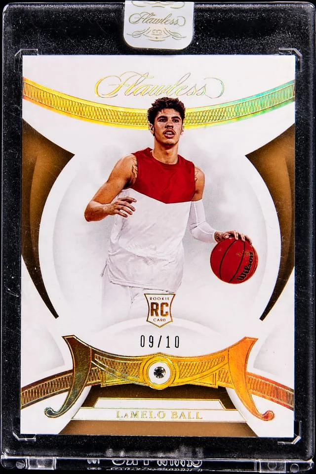 2020-21 Panini Flawless LaMelo Ball Relic - Panini Encased Collegiate Gems Gold #3 card image