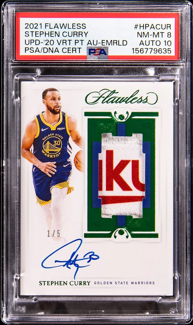 2020-21 Panini Flawless Stephen Curry Vertical Patch Autograph Emerald '21-22 Flawless Update #HPA-CUR card image
