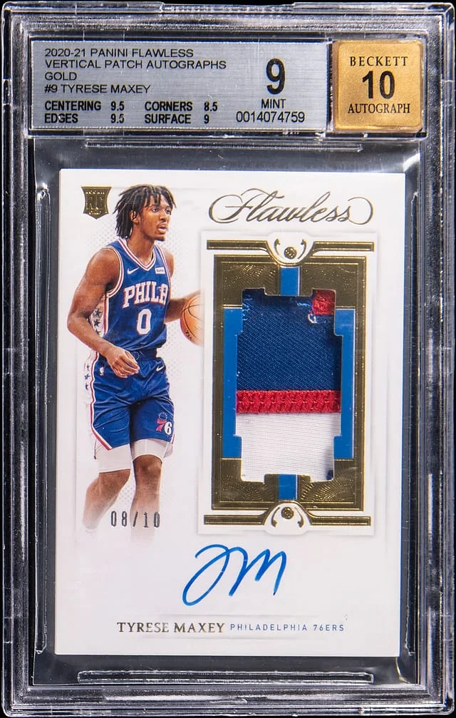 2020-21 Panini Flawless Tyrese Maxey Vertical Patch Autographs Gold #9 card image