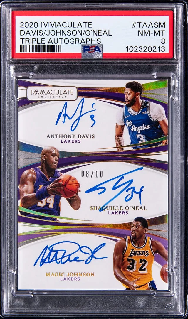 2020-21 Panini Immaculate Anthony Davis/Shaquille O'Neal/Magic Johnson Multi-Signed Triple Autographs #TA-ASM card image