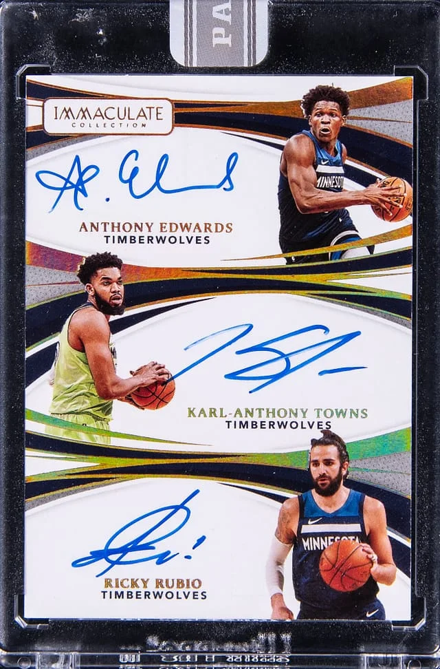 2020-21 Panini Immaculate Collection Anthony Edwards/Karl-Anthony Towns/Ricky Rubio Multi-Signed - Panini Encased Triple Autographs White Box 1/1 #TA-AKR card image