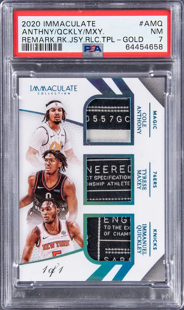 2020-21 Panini Immaculate Collection Cole Anthony/Tyrese Maxey/Immanuel Quickley Triple Remarkable Gold #RRT-AMQ card image