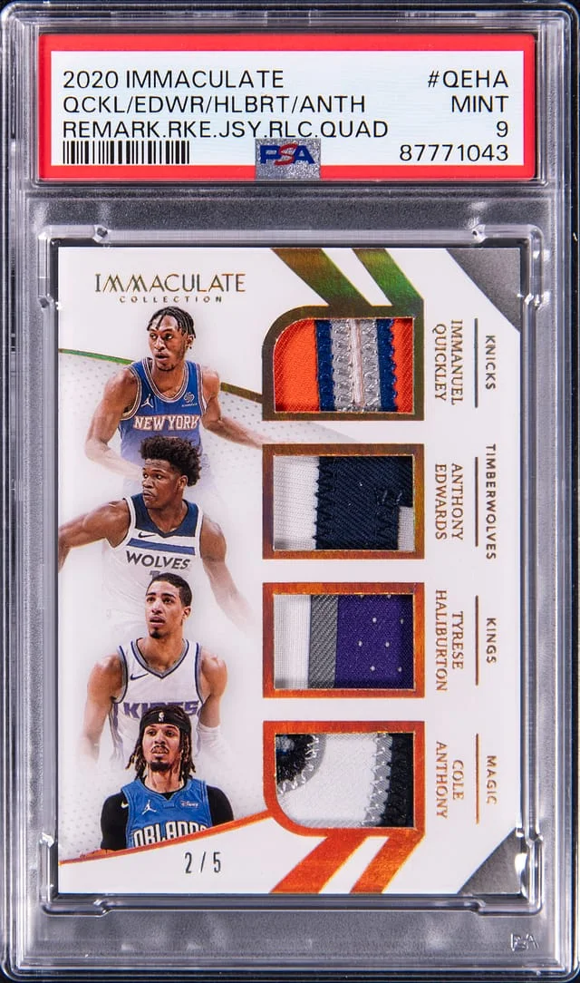 2020-21 Panini Immaculate Immanuel Quickley/Anthony Edwards/Tyrese Haliburton/Cole Anthony Multi-Patch Remarkable Jersey Relic Quad #RRQ-QEHA card image