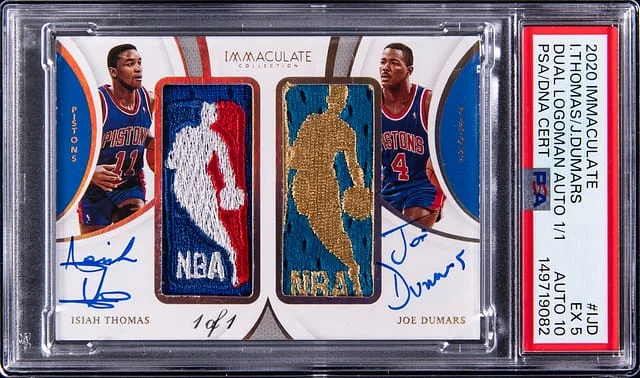 2020-21 Panini Immaculate Isiah Thomas/Joe Dumars Dual Logoman Autographs #DLA-IJD card image