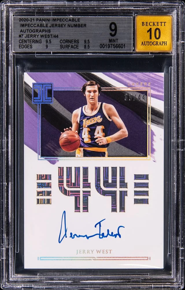 2020-21 Panini Impeccable Jerry West Jersey Number Autographs #IJ-JWE card image