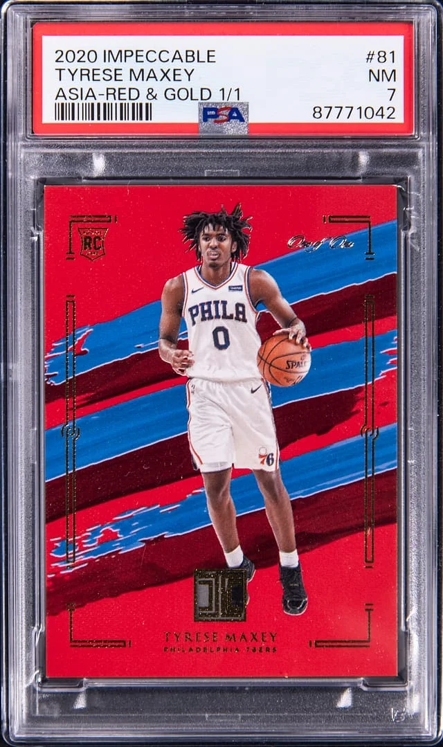 2020-21 Panini Impeccable Tyrese Maxey Asia Red & Gold #81 card image