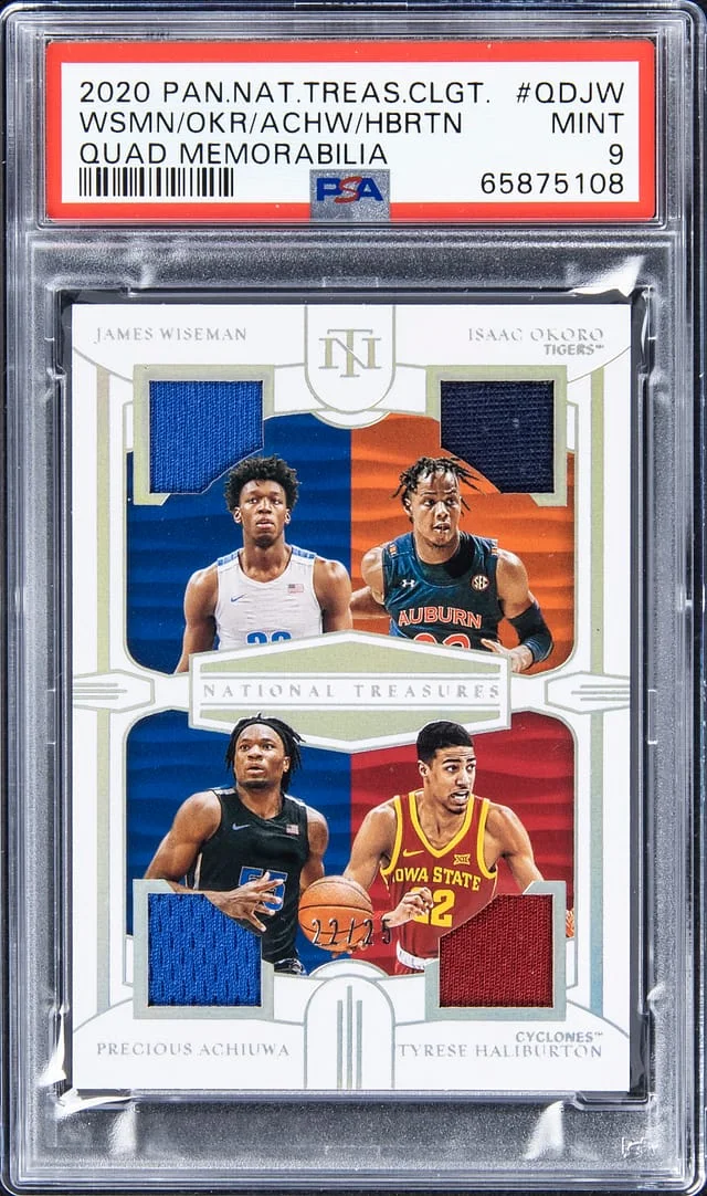 2020-21 Panini James Wiseman/Isaac Okoro/Precious Achiuwa/Tyrese Haliburton National Treasure Collegiate #QD-JW card image